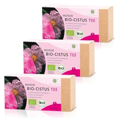 Abbildung von Weltecke Bio Zistrosen Tee 3x 25 Teebeutel frisch in Deutschland abgefüllt Aromatisch herber Kräuter von der Zistrose Natürlich vegan Ohne künstliche Aromen &amp; Zucker Cistus Incanus