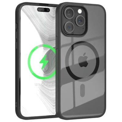 Abbildung von EAZY CASE Crystal TPU Hülle kompatibel mit iPhone 15 Pro Max Qi Charging, Silikon Kameraschutz, Slimcover, Handyhülle, Silikonhülle, Backcover, Durchsichtig, Transparent/Schwarz