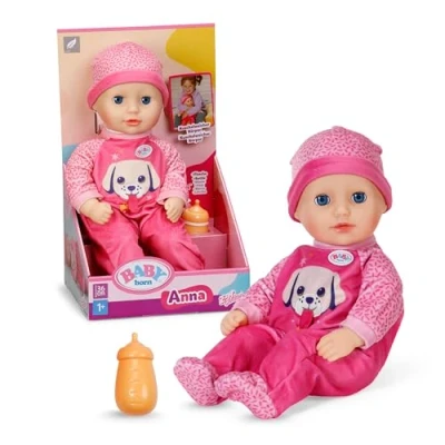 Abbildung von BABY born Anna mit pinken Strampler, weiche 36cm große Babypuppe Stoffkörper und Schlafaugen inkl. Fläschchen