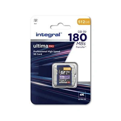Abbildung von Integral SD Karte 512GB 4K Video Lesegeschwindigkeit 180MB/s und Schreibgeschwindigkeit 150MB/s SDXC V30 U3 180 Unsere schnellste High Speed Speicherkarte. Card. Speicherkarte SD.