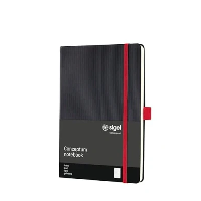 Abbildung von SIGEL CO663 Premium Notizbuch liniert, A5, Hardcover, 194 nummerierte Seiten, schwarz, rot, nachhaltiges Papier, mit Inhaltsverzeichnis, Stiftschlaufe, Falttasche, Gummibandverschluss, Conceptum