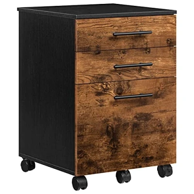 Abbildung von HOOBRO Rollcontainer, Rollen Aktenschrank mit 3 Schubladen, mobiler Büroschrank hängenden Aktenfächern, Büro, Dunkelbraun und Schwarz EBF02WJ01G1