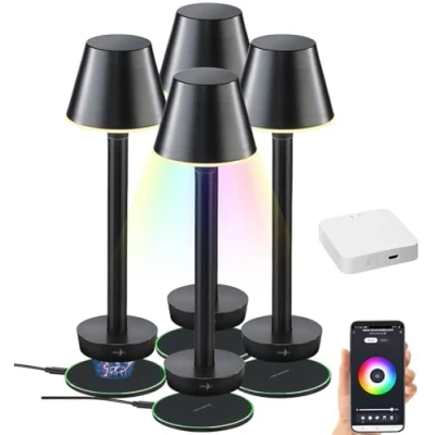 Abbildung von Lunartec Tischlampe Akkubetrieb: 4er Set Smarte Outdoor mit WLAN Gateway, RGB CCT LEDs, App (LED Akku Tischleuchte dimmbar, LED Schreibtischlampe Akku, Lampen Garten)