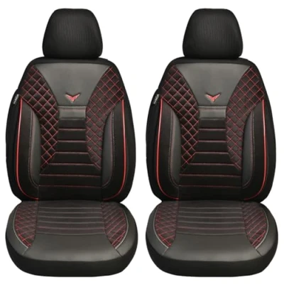 Abbildung von BREMER SITZBEZÜGE Maß Auto Schonbezüge kompatibel mit Ford Tourneo Transit Custom Fahrer &amp; Beifahrer Set ab 2012 2022 / Schonbezug Velour Kunstleder 2er Pack in Schwarz/Rote Naht (PS802)