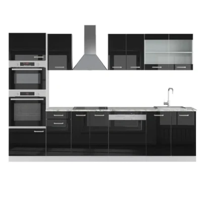 Abbildung von Vicco Küchenzeile R Line Schwarz Hochglanz/Weiß, 300cm + Hochschrank ohne Arbeitsplatte