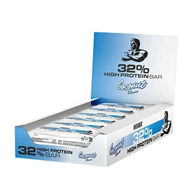 Abbildung von WEIDER 32% Protein Riegel, leckerer Eiweißriegel mit zartem Schokoladenüberzug, hoher Proteingehalt, Energieriegel, Muskelaufbau Snack, Coconut, 12 x 60 g