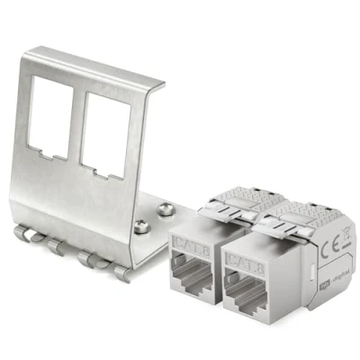 Abbildung von hb digital Set: 2X CAT.8 Keystone RJ45 Modul + 1x Hutschienenadapter Metall Halterung für Hutschiene 35mm Standard Jack geschirmt Edelstahl LSA Montage Ethernet LAN Netzwerk Switch