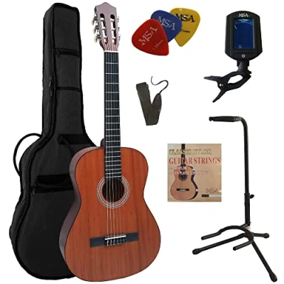 Abbildung von 4/4 GITARRE MAHAGONI KONZERTGITARRE IM SET CLASSIC NATUR TASCHE BAND SAITEN 3xPLEKTRON STIMMGERÄT STÄNDER