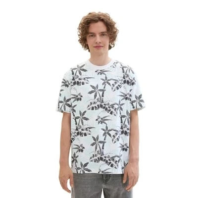 Abbildung von TOM TAILOR Denim Herren T Shirt mit Palmen Muster, 35501 blue grey tropical print, S