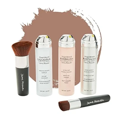 Abbildung von Jerome Alexander Magic Minerals AirBrush Foundation Set 5 St.Foundation + Primer &amp; Fixier Spray 2 Pinsel Integriertes Make up mit Hautpflege feuchtigkeitsspendend (Medium Dark, 50 45 ml)