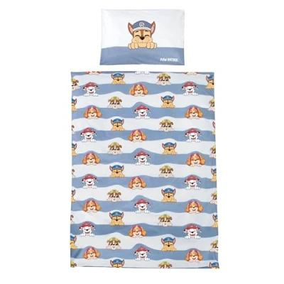 Abbildung von roba Kinderbettwäsche 100 x 135 cm Paw Patrol Bettwäsche für Kinder aus Baumwolle inkl. Kissenbezug 60 40 Hunde Motiv der Zeichentrick Serie Weiß/Blau