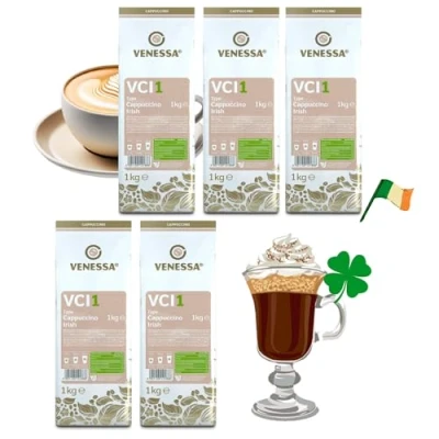 Abbildung von VENESSA Cappuccino Irish VCI1 Aromatisiertes Getränkepulver 5 x 1kg mit löslichem Kaffee, ergiebig, lecker, cremiger Konsistenz alle Kaffeevollautomaten &amp; Vending geeignet