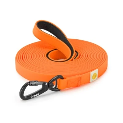 Abbildung von lionto wetterfeste Schleppleine mit 360 Sicherheitskarabiner, 5 m, Tasche &amp; gepolsterter Handschlaufe, robuste Hundeleine aus Nylongewebe PVC Beschichtung für die Hundeerziehung, orange