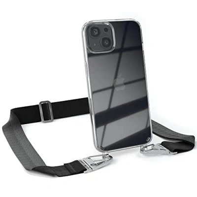 Abbildung von EAZY CASE Hülle mit Band kompatibel iPhone 13 Handyhülle Umhängeband für Silikonhülle Transparent Schutzhülle Handykette zum Umhängen Handykordel Smartphone in Schwarz