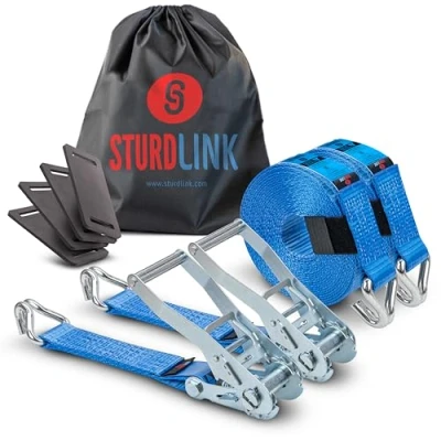 Abbildung von Zurrgurt mit Ratsche und Spitzhaken 50mm Breite 9m Länge LC 2500kg / 5000kg STF 350 daN Blau 2er Set + 4er Schutzschlaufe Für Transport, Anhänger, LKW, Profiqualität Sturdlink