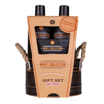 Abbildung von Accentra Geschenkset MEN&#039;S COLLECTION in Blecheimer, inkl. 300ml Body Wash, Shampoo, 100g Seife, 15g Netzschwamm, Duft: Birke &amp; Zeder braun