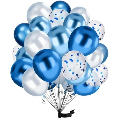 Abbildung von 30Stück Blaue Luftballon Set, 12 Zoll Metallic Chrom Blau Silber Konfetti Ballons und Weiße Helium Latex mit Bändern,für Kinder Geburtstag, Hochzeit, Babyparty, Dekoration