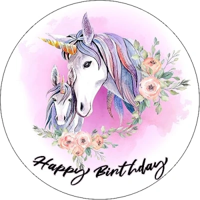 Abbildung von Essbarer Tortenaufleger Einhorn Happy Birthday // Kuchendekoration Geburtstag, Einhörner 20cm (Oblatenpapier)