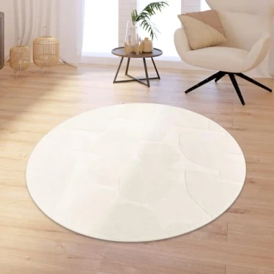 Abbildung von TT Home Wohnzimmer Teppich Schlafzimmer Hochflor Skandinavisch Uni Boho Waschbar, Farbe:Beige Creme, Größe:160 cm Rund