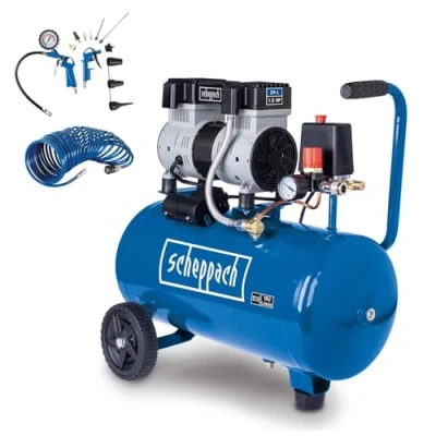 Abbildung von Scheppach HC26Si Ultra Silent Kompressor 24L 1100W 8bar 66 dB(A) leise ölfrei &amp; wartungsarm Ansaugleistung 162L/min Leisekompressor Doppelzylinder Flüsterkompressor mit 14 tlg Zubehörset