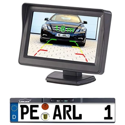 Abbildung von Lescars Funk Rückfahrkamera 10,9 cm TFT Monitor Nummernschild (480 x 272 Pixel, 2x Video Cinch und Strom Adapterstecker mit 45cm Länge, Übertragung via Funk, somit keine Kabelverlegung nach Vorne nötig)