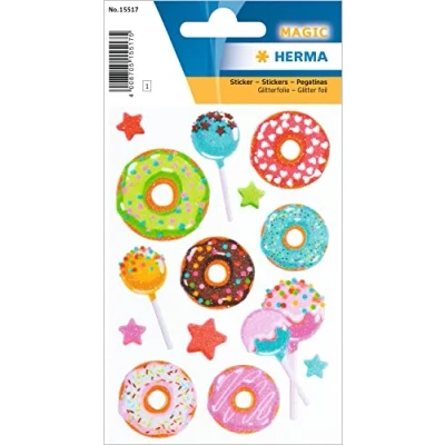 Abbildung von HERMA 15517 Aufkleber Lutscher Glitzer klein groß, 14 Stück, Donut Sticker mit Lolli Lillipop Sterne Motiv, Kinder Etiketten für Fotoalbum Tagebuch Poesiealbum Scrapbooking Geburtstag Deko Briefe DIY