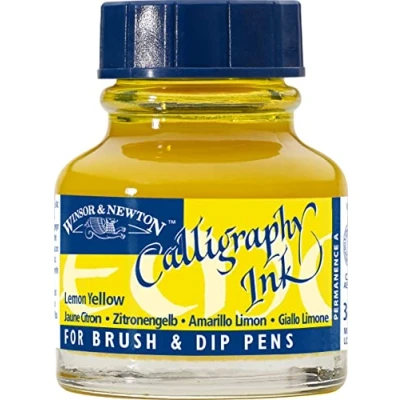 Abbildung von Winsor &amp; Newton 1111345 Kalligraphie Tuschen (für Füllfederhalter oder Schreibfedern, untereinander mischbar, lichtecht) 30 ml Flasche zitronengelb