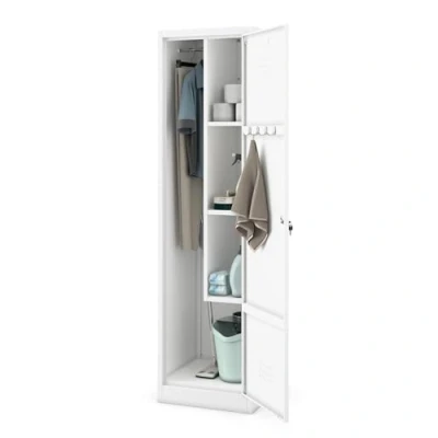 Abbildung von Jan Nowak Besenschrank Haushaltsschrank Metall Agnes 50 x 185 cm Mehrzweckschrank Weiß mit Regale und Kleiderstange Schloss, Belüftung Putzschrank Schmal Breit