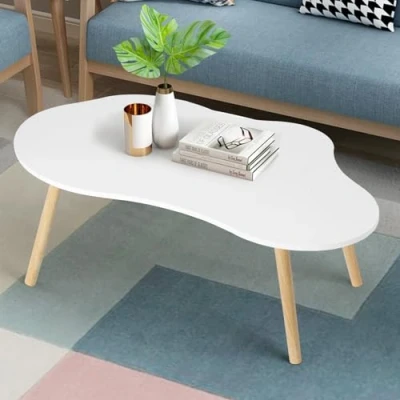 Abbildung von kamulouk Kleiner Couchtisch, moderner Teetisch aus der Mitte des Jahrhunderts, minimalistischer Wohnzimmer Couchtisch mit Wolkenform, Sofatisch für Wohnzimmer, Büro, 100 cm x 50 41 Weiß