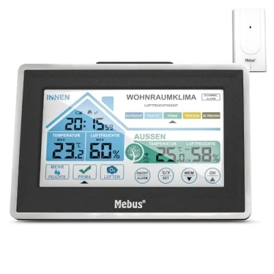 Abbildung von MEBUS funkgesteuerte Wetterstation mit Außensensor, Touch Display, Thermometer/Hygrometer, Wohlfühlindikator bewertet Raumklima per Temperatur/Luftfeuchtigkeit, Wecker, Silber Schwarz, Modell: 01026