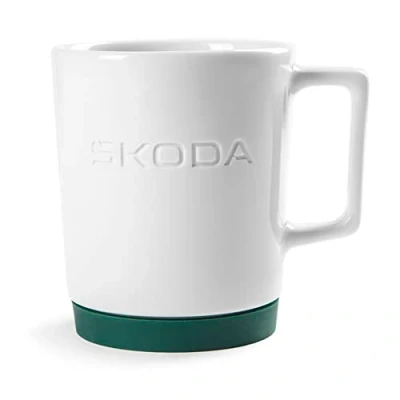 Abbildung von Skoda 6U0069601 Porzellantasse Kaffeetasse Tasse, weiß/grün, mit Silikonuntersetzer