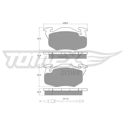 Abbildung von TOMEX brakes TX 10 342 Bremsbelagsatz Vorderachse inkl. Verschleißwarnkontakt mit Zubehör RENAULT: TWINGO 1, CLIO Super 5 Schrägheck