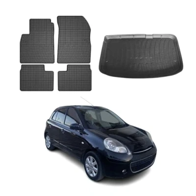 Abbildung von Fußmatten Kofferraumwanne Set kompatibel mit Nissan Micra IV K13 2010 2017 Schwarz Gummi