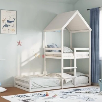 Abbildung von vidaXL Etagenbett, Hochbett mit Dach Leiter Sperrholzlatten, Stockbett für Schlafzimmer, Bett Holzbett Einzelbett, Weiß 90x200cm Massivholz Kiefer
