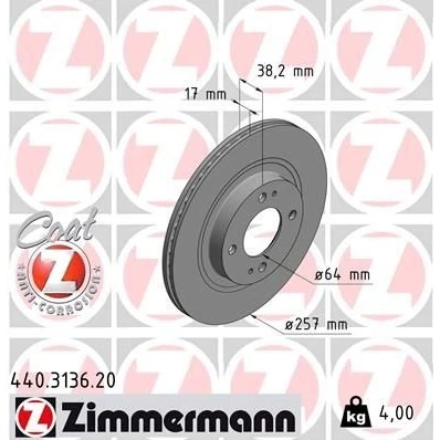 Abbildung von ZIMMERMANN 440.3136.20 Bremsscheibe 257 17 6/4 4 100 innenbelüftet beschichtet PEUGEOT: iOn Schrägheck, MITSUBISHI: i, CITROËN: C Zero Schrägheck
