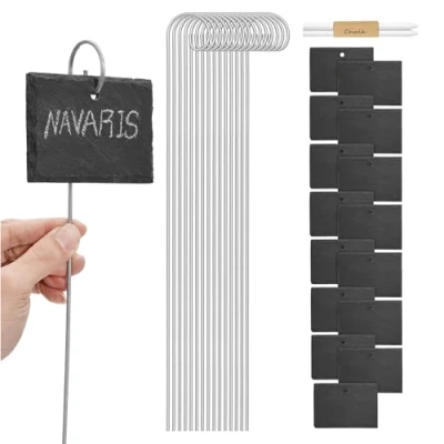 Abbildung von Navaris 15x Schiefer Pflanzenschilder mit 40cm Metallstab Kreide 10 x 7cm Pflanzenstecker zum Beschriften Garten Schiefertafel Schilder rechteckig