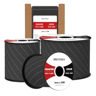 Abbildung von Brotree Paracord 3mm 50M 100% Nylon Seil Schnur Typ II 425 mit 3 Kern für Survival, Outdoor, Armband, Basteln Bruchlast 192kg (Reflektierende Schwarz)