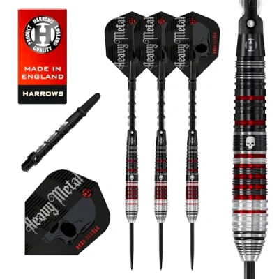 Abbildung von Harrows Ryan Searle „Heavy Metal“ Serie 2 Spieler Dart Set I Professionelle Dartpfeile mit 90% Wolframstahlspitze, ALLE Gewichte 10 teiliges (26g)