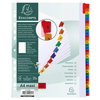 Abbildung von Exacompta 4131E Karton Register 1 31 für DIN A4 MAXI aus teilig volle Höhe 24 x 29,7 cm weiß, bunte verstärkte Taben mit Indexseite Trennblätter Trennstreifen Ordner