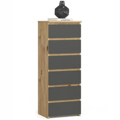 Abbildung von AKORD Kommode mit 6 Schubladen Rollschubladen Schubladenschrank Kleiderschrank Sideboard Ablage Robust Universal Design Artisan Eiche &amp; Graphitgrau Front