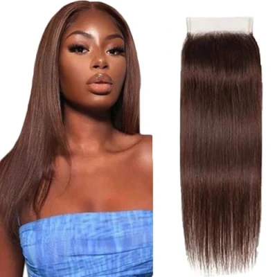 Abbildung von Tuheerst Lace Closure Human Hair Straight 4x4 Chocolate Brown Bresilienne Cheveux Humain Bleached Knots with Baby for Woman 20 Inch
