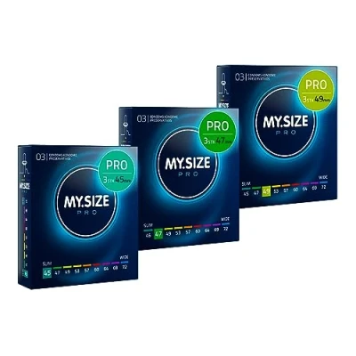 Abbildung von MY.SIZE Kondome PRO «Probierset XS» (45mm, 47mm, 49mm) 3 Packungen mit je Maßkondomen, insgesamt, 9 St., zum Anprobieren und Austesten, die neue Generation