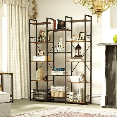 Abbildung von YITAHOME Bücherregal, Bodenstehendes Standregal mit 14 Ablagen und Haken, Hohes Regal, Ausstellungsregal stabilem Metallrahmen, für Wohnzimmer, Home Office, Vintagebraun