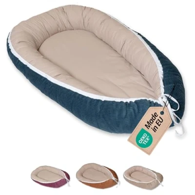 Abbildung von ULLENBOOM Babynest 100% OEKO TEX Materialien &amp; Made in EU, Cord Petrol Babynestchen Neugeborene aus kuscheliger Baumwolle, Ideal als Reisebett Kuschelnest geeignet