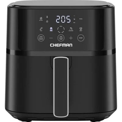 Abbildung von Chefman 5,7L Heißluftfritteuse, schnell &amp; einfach, kompakte Heissluftfritteuse mit Hi Fry Technologie, Touch Controls 4 Voreinstellungen, antihaftbeschichtet spülmaschinenfest Schwarz