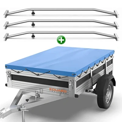 Abbildung von Tarpofix® Anhängerplane 266 x 160 cm + 3X Planenbügel Anhänger Plane Flachplane aus PVC PLANENMATERIAL Verstärkte Eduard 2615 für PKW Hänger Abdeckplane Flachplanenbügel Blau