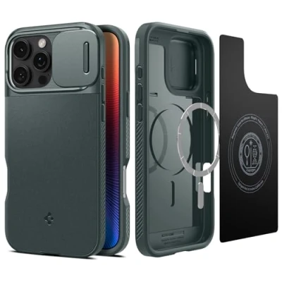 Abbildung von Spigen Optik Armor MagFit Hülle für iPhone 16 Pro, Kompatibel mit MagSafe Zubehör Abyss Green