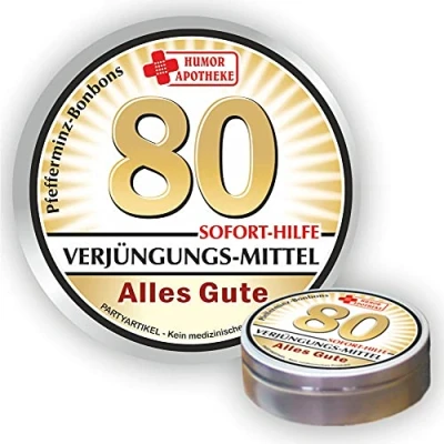 Abbildung von Pfefferminz Bonbon Metalldose Zum 80. Geburtstag, Verjüngungsmittel Alles Gute Soforthilfe Humorapotheke Spaßmedizin Humormedizin Pfefferminzdragees Dose Blechdose Pillendose