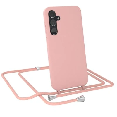 Abbildung von EAZY CASE Hülle mit Band kompatibel Samsung Galaxy A55 Handyhülle für Silikon Mikrofaser stoßfester Fallschutz Kette zum Umhängen Handykordel in Alt Rosa Clips Silber