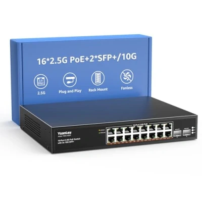 Abbildung von YuanLey 18 Port 2,5G PoE Switch Unmanaged, 16 x Base T Ports, 2 10G SFP+, IEEE802.3af/at, 250W, Kompatibel mit 100/1000/2500Mbps, Metallgehäuse, Desktop /Rack Montage 2,5Gbe Netzwerkswitch